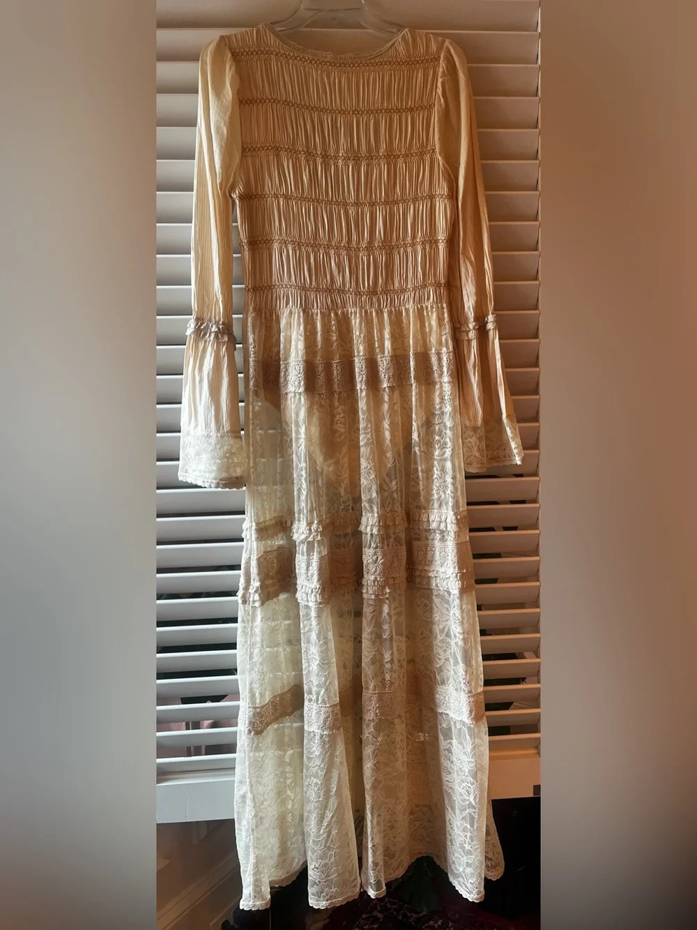 Free People Sheer Lace Tiered Maxi bodysuit duster in Beige. New no tags